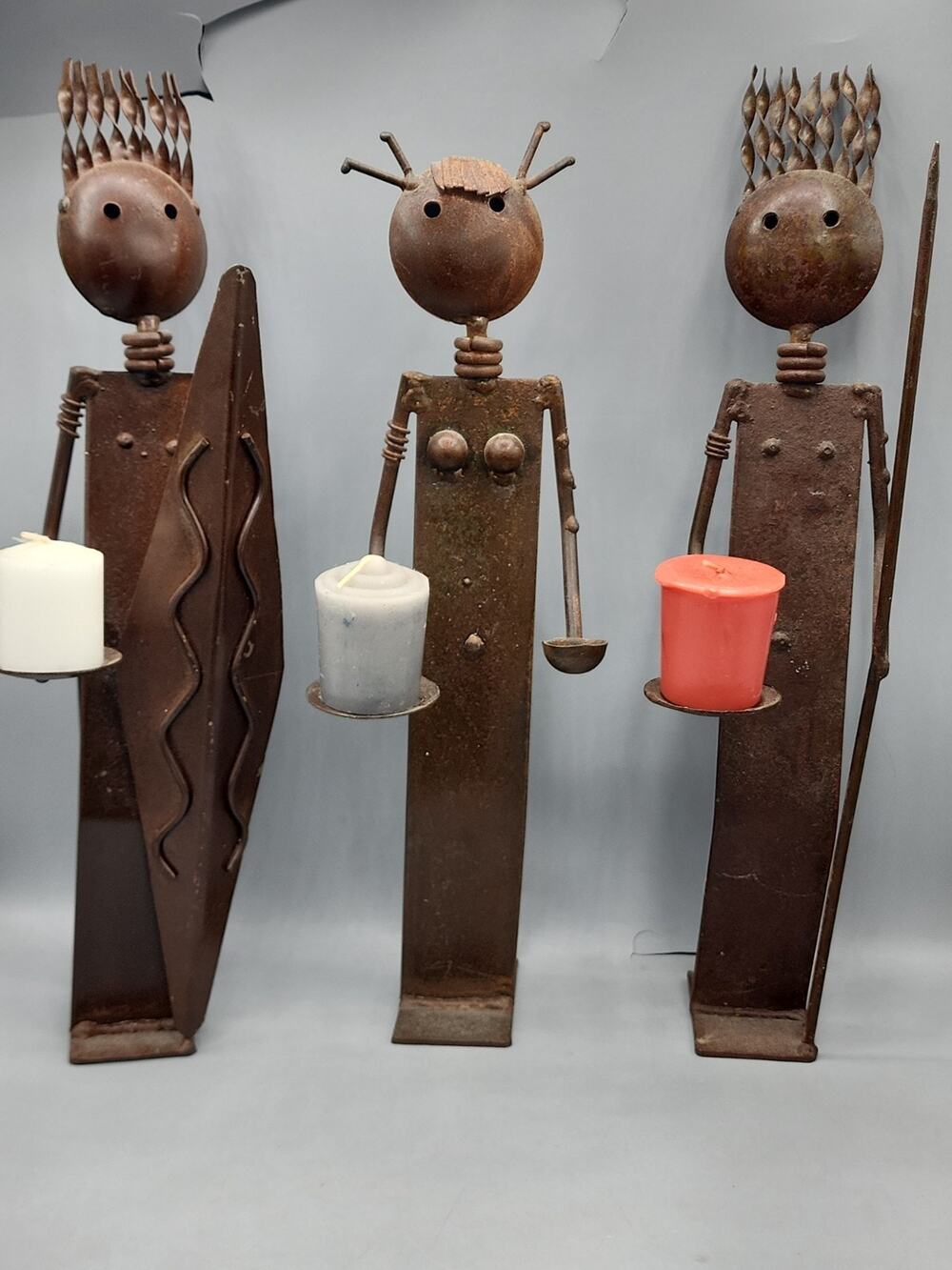 African Sculptures Warrior Iron Work Vintage Candle Holders 16" Lot of 3